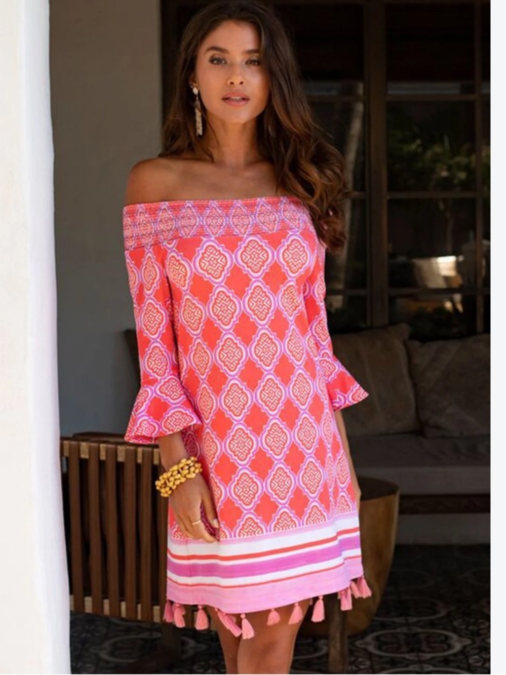 CABANA LIFE Coral Geo Off The Shoulder Dress S